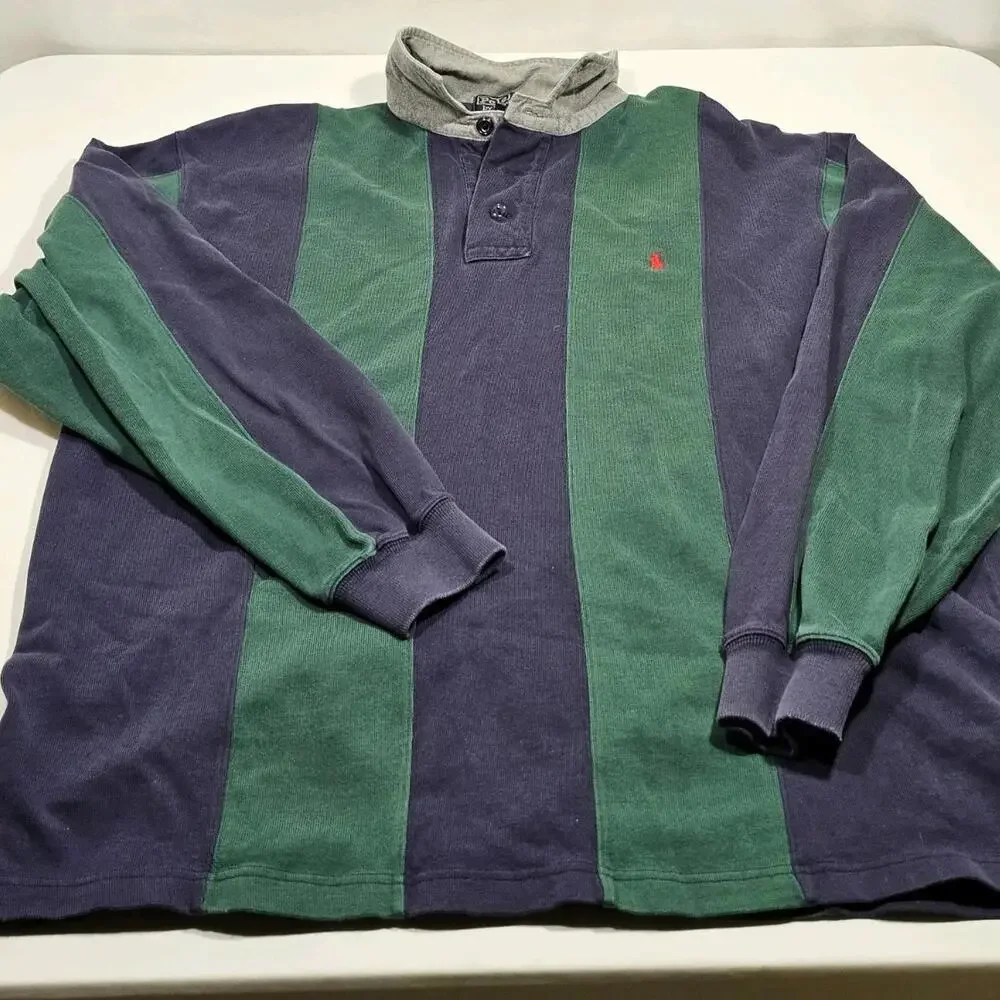 Vtg Ralph Lauren Striped Rugby Long Sleeve Polo. 100% Cotton. Mens Large READ - Picture 1 of 11